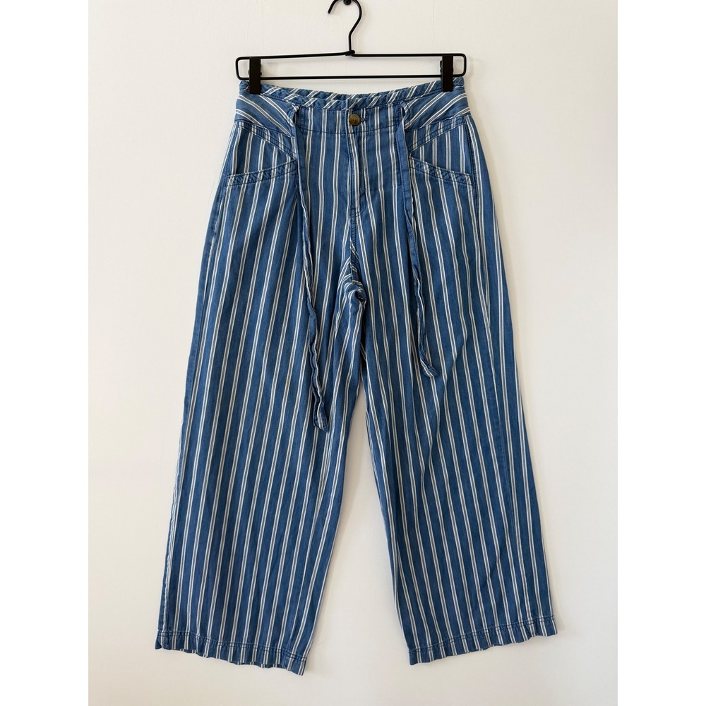 American Eagle Blue White Striped Wide Leg Cotton Pants High Rise Size 2 Regular